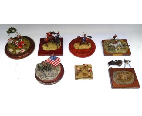 Seven plastic Models or Groups on plinths, 54mm scale with four glass domes (one not fitted): Attending to wounded 1776, Luck