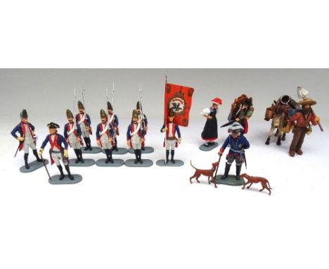 Preiser plastic 70mm scale Potsdam Grenadiers six with Officer Sergeant and Colours, Elastolin Frederick the Great with two d