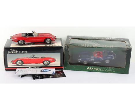 Two 1:18 scale Auto art diecast boxed models,  Jaguar E-type 73523 and Jaguar XK-SS 73510, e-type has been on display, is dus