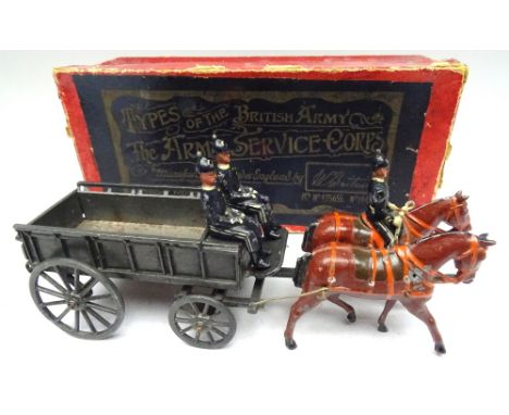 Britains set 146, Army Supply Corps two horse General Service Wagon fumed metal finish, collar harness, with two seated men i
