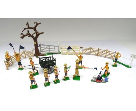 Britains style New Toy Boy Scouts tree, hurdles, gate, trek cart etc. with fifteen castings