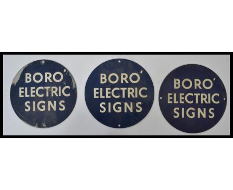 A group of three vintage 20th century Industrial circular vitreous enamel signs reading Boro' Electric Signs white lettering 