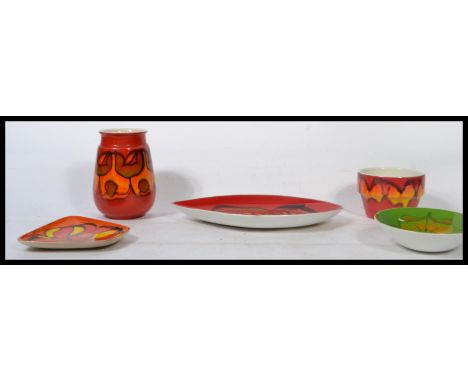 Poole Pottery - A collection of five pieces of vintage retro mid 20th century studio pottery by Poole Pottery, all in bright 