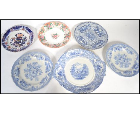 A collection of six ceramic 19th century cabinet plates to include Imari style, blue and white examples to include a Victoria