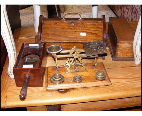 A set of postal scales with weights, Church collection box etc.