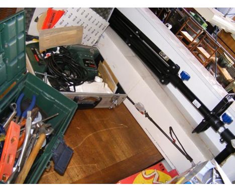 An assortment of tools, together with telescopic hedge trimmer, etc. 