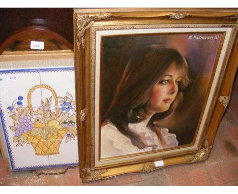 A framed oil on board - signed B MATRAWEN? - together with a shield shaped wall mirror and tile collage 