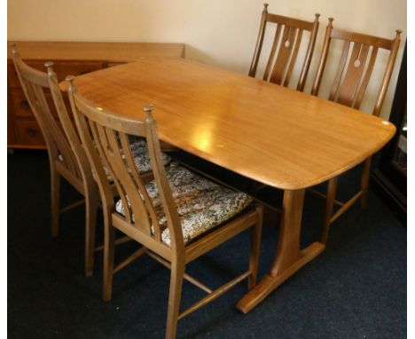 Ercol light oak dining table and four dining chairs, 150cm x 85cm.