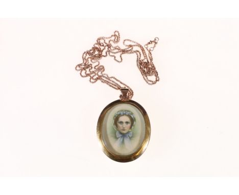 Yellow metal muff chain stamped 9kt approximately 22 grms with portrait miniature pendant in rolled gold mount.