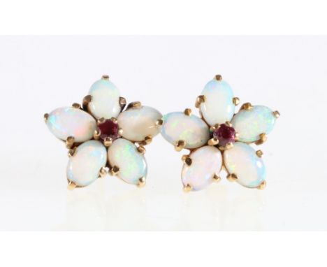 Pair of 18ct yellow gold opal and ruby cluster earrings. 2.88 grms.
