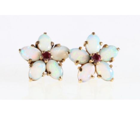 Pair of 18ct yellow gold opal and ruby cluster earrings. 2.88 grms.