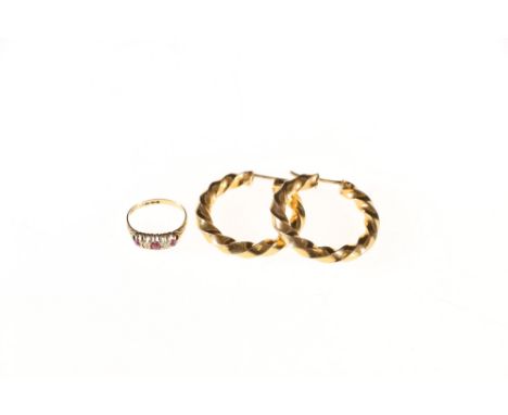 18ct gold diamond and ruby dress ring size O 2.5 grms and a pair of 9ct gold twisted hoop earrings, 6.6 grms.