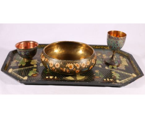 Persian small bowl and goblet with enamel floral decoration, a lacquered tray decorated with a courtly scene and a paper mach