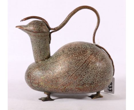 Late 19th Century Islamic ewer in the form of a bird, a scrolling serpent surmount to the domed lid, tripod supports, the bod