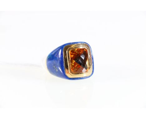 18ct yellow gold Lapis Lazuli and citrine Ring Head carved from a solid block of gemstone in a portrait fashion with a gold i