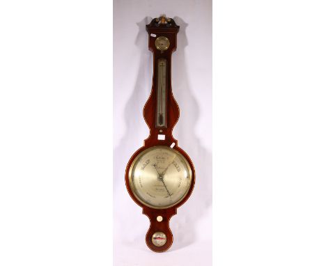 J Bithray of London banjo barometer in mahogany and crossbanded case.