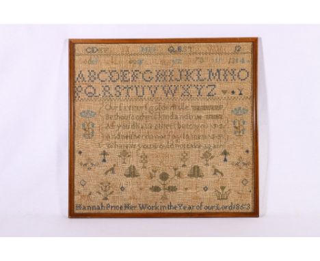 Victorian needlework sampler by Hannah Price 1853, 42 x 44cm