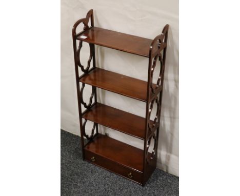 Reproduction Chippendale style hanging four tier wall shelf with fitted drawer, 88cm x 41cm x 16cm.