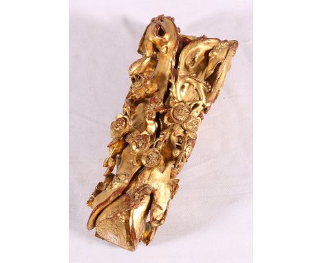 19th Century Chinese gilt lacquered wood wall vase carved with branches on a faux tree trunk, 22cm. CONDITION REPORT: Gilding