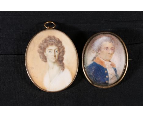 Portrait miniature of a Georgian Ladyon ivory by Pecesalso another smaller of a gentleman in blue tunic with red collar (23)