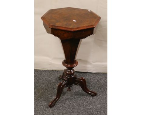 Victorian walnut octagonal work table raised on tripod base, 76cm tall, 43cm wide.