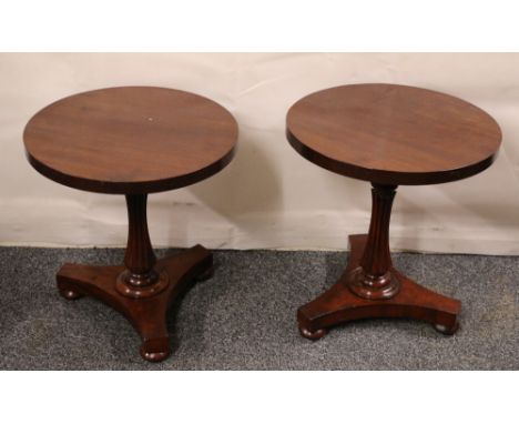 Pair of Victorian occasional tables raised on fluted baluster  columns and platform tripod bases., converted from pole screen