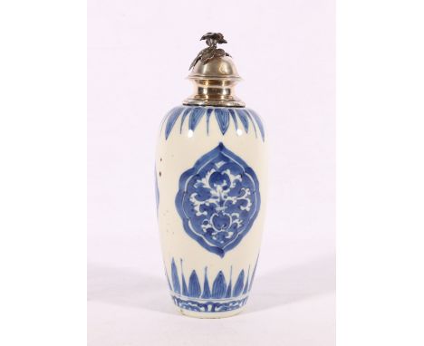 18th Century Chinese blue and white high shouldered vase, silver mounted neck and cover with flower finial possibly for the I