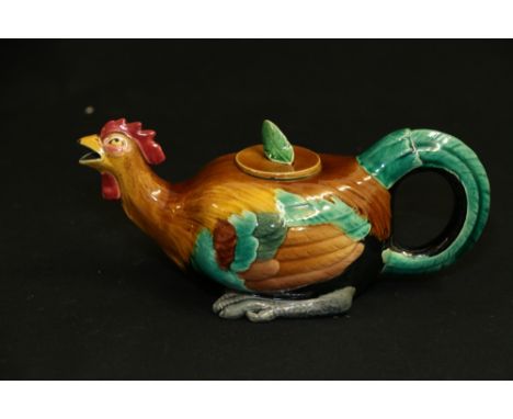 19th Century Minton Majolica glazed figural teapot of rooster form, impressed mark to base date code for 1876. 20cm CONDITION
