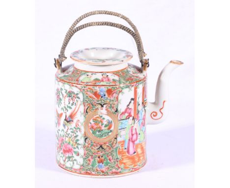 Chinese Canton famille rose teapot with bound loop handles, 16cm
