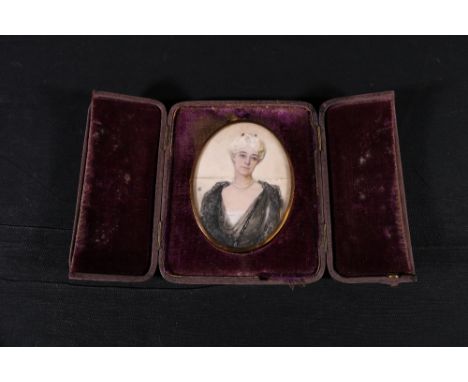 Portrait miniature of Mrs A M Short on ivory, signed monogram 10.5cm x 8cm