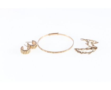 9ct gold engraved adjustable bangle, 3.4g, 9ct gold flattened link bracelet 4.8 grams and a pair of 9 ct gold earrings, 5.7 g