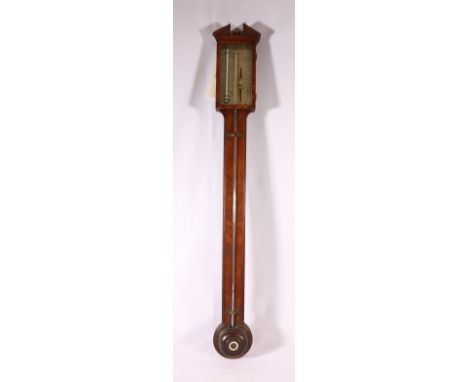 P Garof of Edinburgh stick barometer with mahogany case with broken pediment.