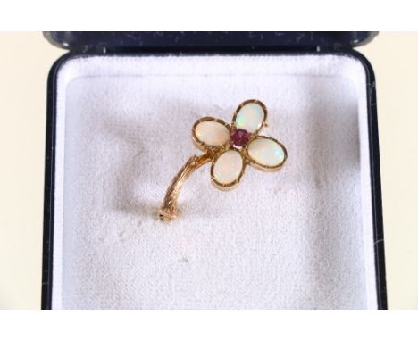 9ct yellow gold opal and ruby set four leaved twig brooch.