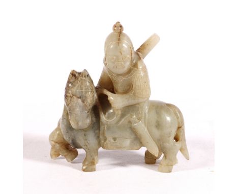 Chinese late 19th or early 20th Century  carved jade figure of a warrior on a horse, in mottled grey/green jade, the soldier 