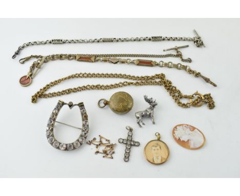 Jewellery to include a silver plated belcher style albert chain, a fancy watch chain with firestone style inserts, chains, a 