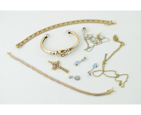 Silver jewellery to include gold toned bracelets, a silver bangle and opal style jewellery, 58.8g with other examples.