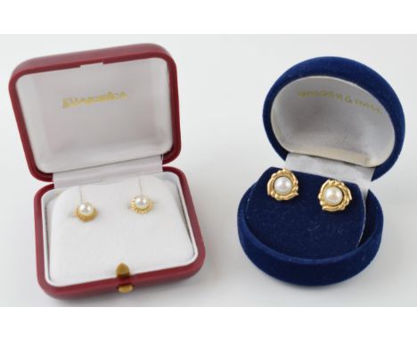 A pair of cased 14ct yellow gold pearl studs (gross weight 1.1 grams) together with a pair of cased Walker and Hall 9ct yello