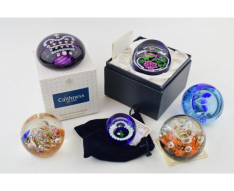 Caithness paperweights to include Gone Fishing, boxed Whitefriars Geranium, Sea Dance, Myriad, Miniature Thistle and boxed Go