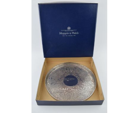 Boxed silver plated Mappin and Webb galliered circular tray, 29.5cm wide.  Some loss of plating.