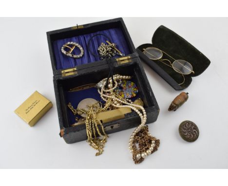 Jewellery and similar to include a Victorian brass pig vesta case, gold plated spectacles, a silver plated watch chain with b