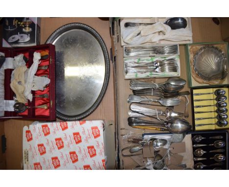 A collection of silver-plated items to include cutlery, tray, scollop tray and other similar items. (Qty) 2 trays.