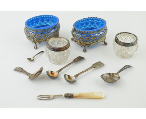 Silver to include a Georgian caddy spoon, Birmingham 1817, with two small Georgian ladles, 37.3g, with a pair of silver toppe