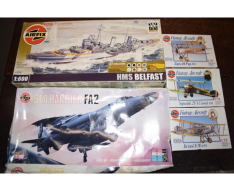 A collection of boxed new old stock Airfix model kits to include Airfix 'Sea Harrier FA2', Airfix 'HMS Belstaff', together wi