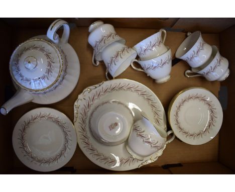 Paragon China tea service in the Melody pattern to include a teapot, 6 cups (1 different), 6 saucers, 6 side plates, a milk j