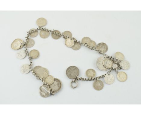 Silver necklace with silver coins of varying ages to include hammered examples upto the 20th century, 73.7g, 44cm long.