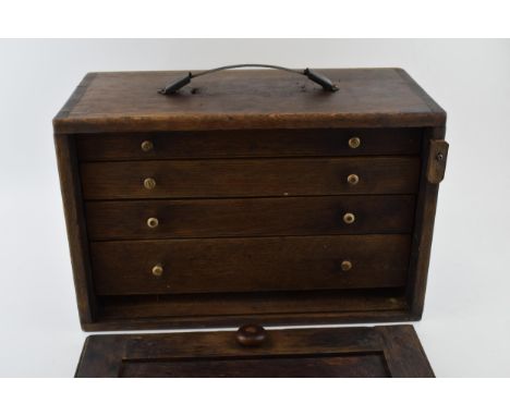 Early to mid 20th century wooden engineer's toolbox with removable front and sliding drawers, dovetail joints, metal handle, 