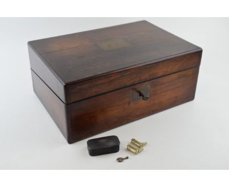 19th century mahogany writing slope, brass plaque and escutcheon, engraved initials, open interior, 35 x 24 x 14cm tall, with