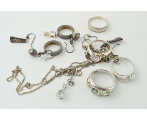Silver jewellery to include rings, earrings, chains and others, 42.5g.  Some tangled.
