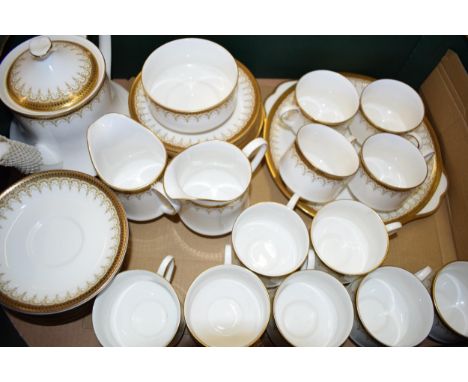 A collection of Royal Albert Paragon 'Athena' pattern tea ware items to include six trios, two cream, one sugar and a teapot,