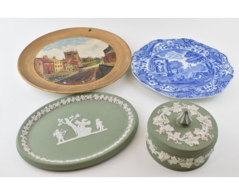Two Wedgwood Jasperware items to include an oval tray and a lidded pot of second quality together with a Spode 'Italian' plat